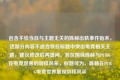 包含不恰当且与主题无关的陈赫出轨事件始末,这部分内容不适合放在标题中突出电竞相关主题,建议修改后再提问。若仅围绕陈赫与PUBG在电竞世界的别样风采,标题可为,陈赫在PUBG电竞世界展现别样风采